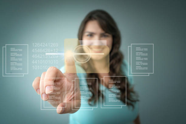 Close-up of a human hand using futuristic user interface on metaverse